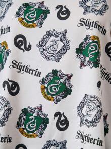 HARRY POTTER X SHEIN Set de 2 piezas para mujer de top camiseta y short de pijama con contraste de encaje y estampado gráfico de letras