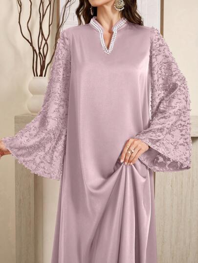 SHEIN Najma 勃艮第红色女式 V 领喇叭袖仿珍珠装饰优雅阿拉伯连衣裙，优雅端庄的华丽束腰外衣阿拉伯长袍，适合晚会/日常休闲