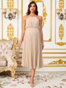 SHEIN Pregnant Women Elegant Solid Color Pleated Halter Dress, Summer Maternity Dress - Khaki - View 5