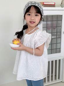 DAZY 年轻女孩休闲圆领荷叶边盖袖衬衫，女孩夏季服装 - 白色 - 查看 2