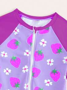SHEIN New Arrival One-Piece Girls Strawberry All-Over Print Swimsuit - Purple - View 3