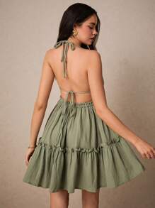 Poéselle 女式夏季纯色简约日常连衣裙胸部褶饰双肩带露背绿色太阳裙荷叶边连衣裙挂脖连衣裙波西米亚风女装海滩女装绿色性感连衣裙柔和连衣裙曲线连衣裙