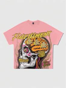 ROMWE MEN Goth Camiseta de manga corta casual para hombres con estampado de calavera y letras