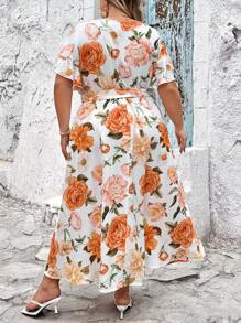 SHEIN CURVE+ Plus Size Summer Vacation V-Neck Loose Fitting Dress With Floral Print And Split Hem Detail, Women's, Valentine's Day Dress, Curve Plus, Boho Vacation Beach Outfits For Woman/Beach Dress/Beach Vacation Outfits/Beach Essentials / Graduation/Tea Party Dress