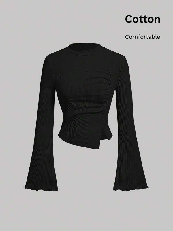 SHEIN MOD Women's Bell Sleeve Asymmetrical Hem T-Shirt