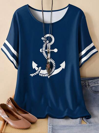 SHEIN LUNE Plus Size Women Casual Anchor Striped Print Short Sleeve Round Neck T-Shirt