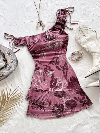 Soleia Bohemian  ,Boho, Romantic Floral ,Vacation, Floral  4th Of July Clothes  Rave Outfits White Graduation Dress Party Dress Graduation Outfit 4th Of July Dress  Butter Yellow 4th Of July Festival Concert Vacation Dress Vacation Asymmetrical Ruffle Trim Red Floral Print Fitted Slim Women Dress