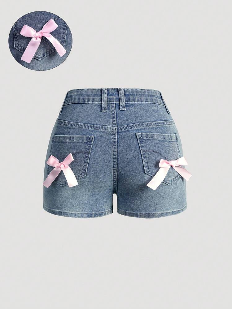 Shorts vaqueros de moda con ajuste elástico, bolsillos 3D y decoración de lazo para niñas preadolescentes en verano - Azul lavado medio - Añade 1