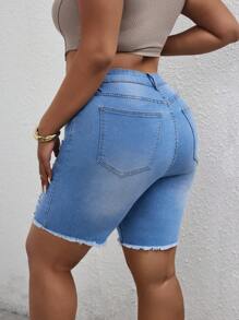 SHEIN SXY Plus Size Distressed Denim Shorts, Fashionable For Summer - Light Wash - View 4