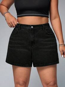 SHEIN ICON Plus Size Women Casual Denim Shorts, Fashionable For Summer - Black - View 1