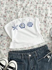 Attitoon Women's Casual Tight Short Bustier Top Suitable For Summer, With Oceanic Prints Including Starfish, Seashell Tube Top - White - View 5