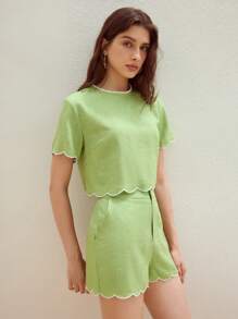 MOTF STUDIO LINEN SLANT POCKET CONTRAST TRIM SHORTS - Green - View 3