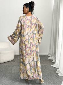 Al Najma Plus Size Floral Print Patchwork Flounce Hem Arabic Style Dress For Women, Modest - Multicolor - View 2