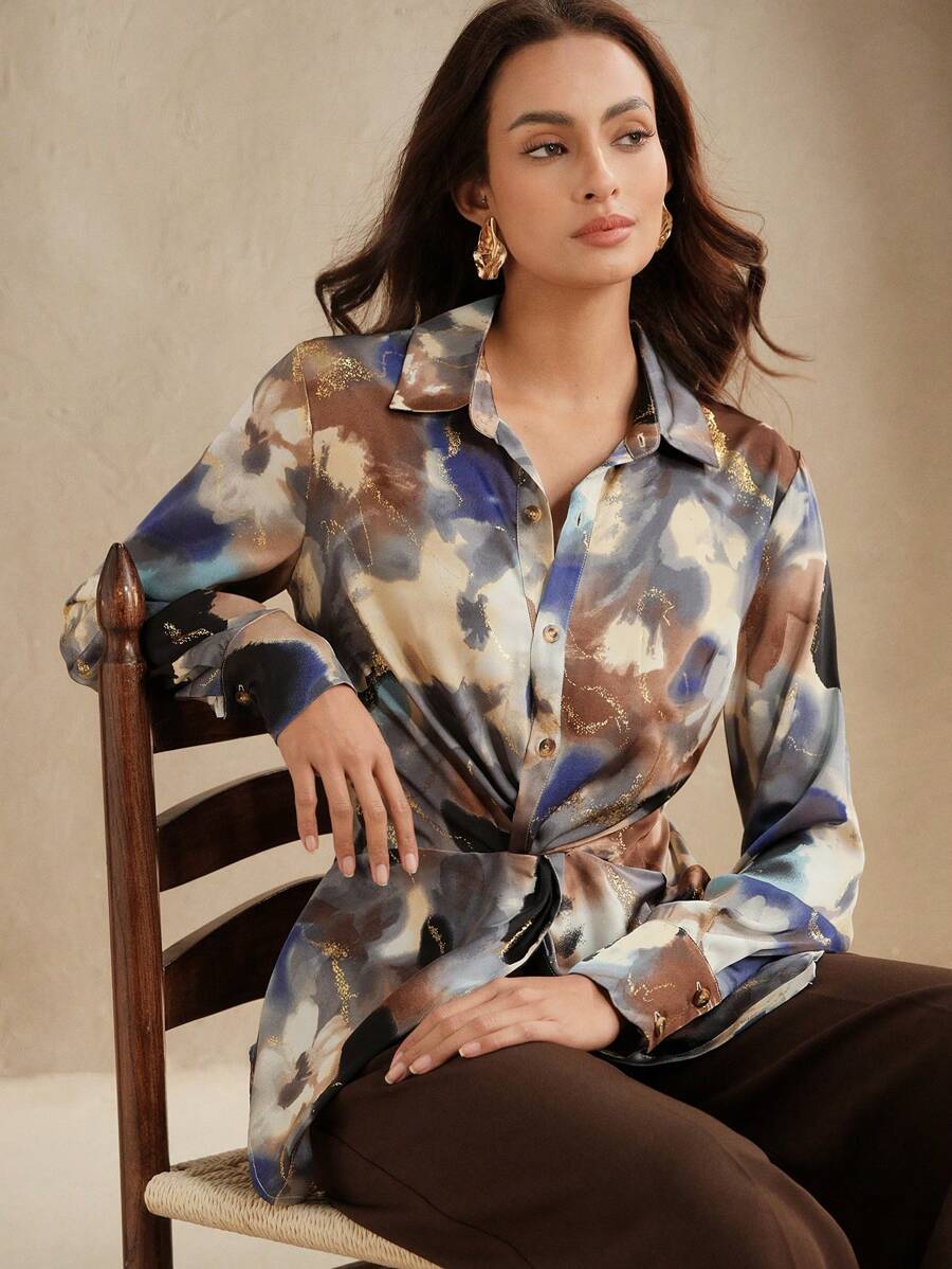 Anewsta Elegant Spring/Summer Waist-Flattering Twist Detail Long Sleeve Dyed French Style Casual Shirt - Blue - View 1