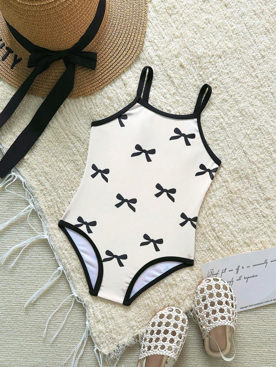 1pc Girls One-Piece Swimsuit With Adjustable Shoulder Strap, Butterfly & Floral Print Black Design Summer Holiday - Multicolor - View 1