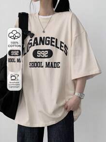 DAZY 女式休闲街头风格宽松 T 恤，带大字母印花，夏季超大 T 恤，图案 T 恤 - 杏色 - 查看 1