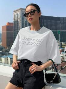 DAZY Slogan Pattern Drop Shoulder Tee KEEP CALM KEEP SMILING Oversized T-Shirt - White - View 6