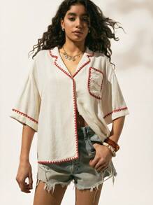 Easelle Apricot Woven Women's Short-Sleeved Shirt, Simple And Fashionable Design, Suitable For Summer Embroidery Style Boho Beach Style  Vacation Graphics Woman T Shirts