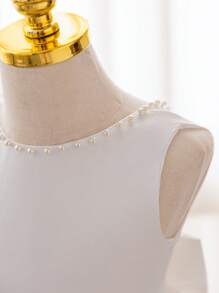 SHEIN Glamorique Kids 年轻女孩白色无袖珍珠蝴蝶结网纱连衣裙，适合晚会、生日、表演、夏季