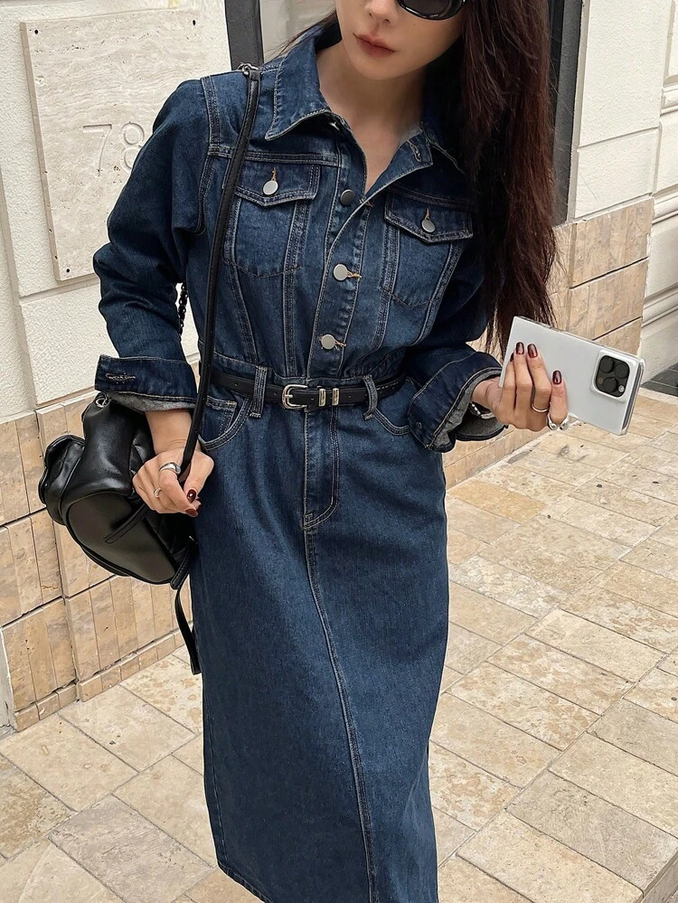 Women Front Button Long Sleeve Pocket Casual Dress Fall Shirt Dress, Back To School Clothes Dress