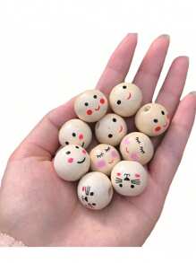 SHEIN New 20Pcs Smiling Wooden Round Expression Pine Beads For Jewelry Making DIY Creative Bracelet, Necklace Handmade Beading Craft Supplies