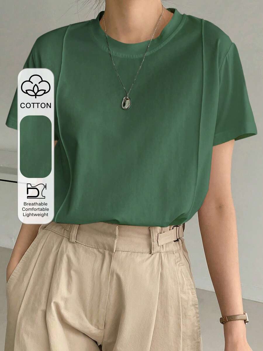 DAZY Solid Seam Detail Tee Preppy Tops - Green - View 1