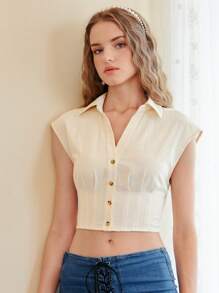 SHEIN MOD Camisa unicolor con botón delantero - Beis - Ver 3