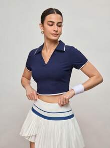 Activina Activina Camisa polo deportiva de verano casual con ribete de contraste acortada para mujeres