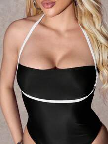 SHEIN Swim 1pc White Tummy Control One-Piece Swimsuit With Patchwork Design For Summer Beach Vacation - Brown - View 5