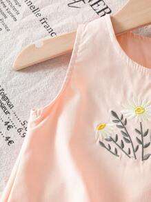 Baby Mädchen beige ärmelloses locker sitzendes Top mit bestickter Vorderseite und breite Hose mit Spitzenbesatz, Sommer Lässig Set