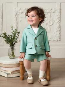 SHEIN 2pcs/Set Infant Boys/Girls Sage Green Summer Casual Long Sleeve Suit Jacket & Shorts Set,Gentleman Outfit,Wedding Guest,Christening,1st Birthday Party - Green - View 1