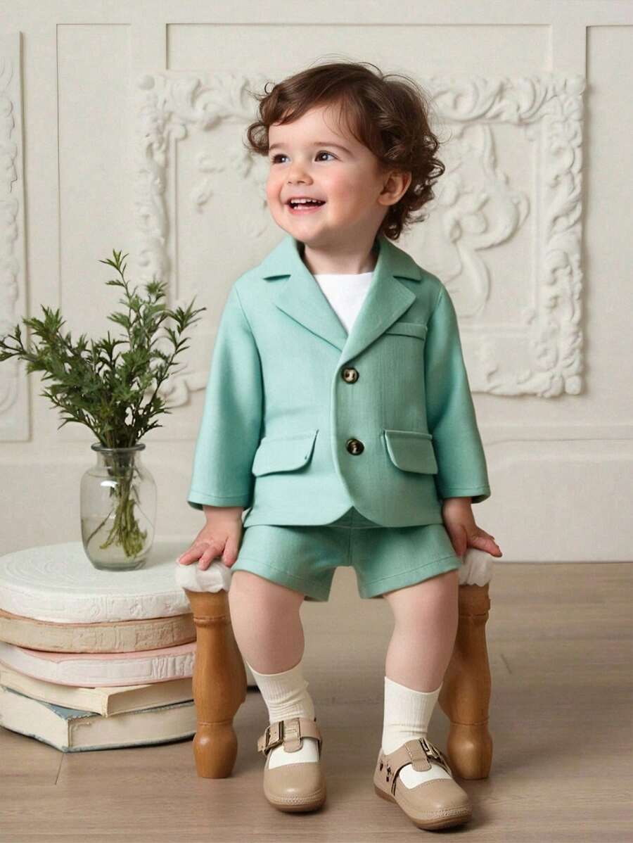 SHEIN 2pcs/Set Infant Boys/Girls Sage Green Summer Casual Long Sleeve Suit Jacket & Shorts Set,Gentleman Outfit,Wedding Guest,Christening,1st Birthday Party - Green - View 1