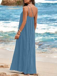 SHEIN VCAY Vacation Beach Solid Color Textured Asymmetrical Neck Dress - Medium Wash - View 2
