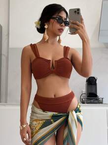 SHEIN Swim Women's Rib Ribbed Fabric Wide Strap Bandeau Bikini Set, Summer - Rust Brown - View 6