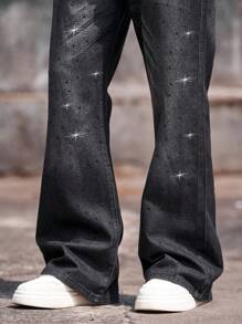 Manfinity Homme Men's Casual Washed Rhinestone Embellished Denim Jeans - Grey - View 5