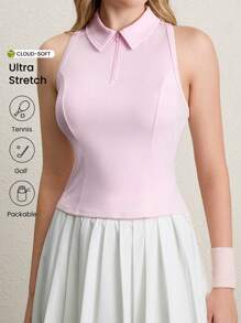 CourtClass Polo de malla sin mangas con cremallera frontal, liso, para yoga y gimnasio, de mujer
