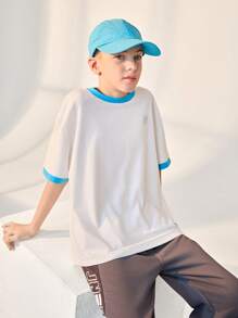 JNSQ Camiseta de manga corta de vuelta al colegio para deportes y actividades al aire libre, camiseta de cuello redondo de color block para niños para deportes y actividades casuales al aire libre - Blanco - Ver 3