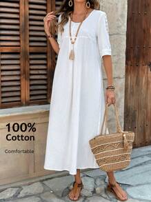 EMERY ROSE Vestido largo de encaje blanco con parches para mujer talla grande para vacaciones de verano con bolsillos