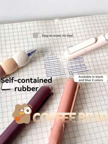 SHEIN 4 支/套可擦咖啡熊海绵握把中性笔，适合小学生使用，0.5 毫米，带 ST 按压，易擦笔帽，开学季适用