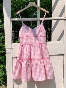 Comfortcana Váy ngắn họa tiết kẻ caro cho nữ, thời trang cho mùa hè - Hồng - Xem 3