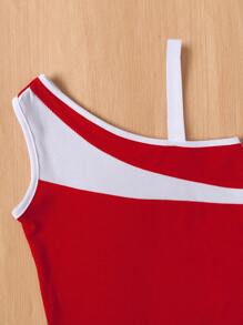 Sparklyn 2pcs Girls Casual/Office Color Block Asymmetrical Camisole Top And Shorts With Belt, Suitable For Summer Daily Wear Summer Holiday - Red - View 5