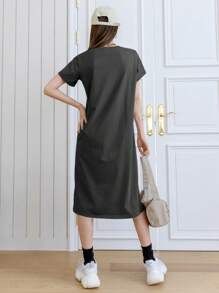 DAZY Women's Round Neck Short Sleeve Dress With Letter Print Design Sundress,Casual Women Dresses