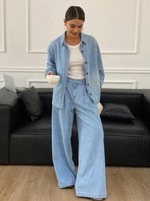 DAZY Women Solid Color Shirt Top & Jeans Trousers Set,Fall Clothes - Light Wash - View 2