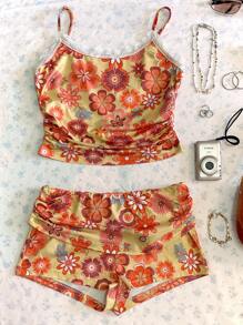 SHEIN EZwear Summer Clothes Rave Outfits  2pcs/Set Colorful Ditsy Floral Bodycon Tank Shorts Set - Yellow - View 6