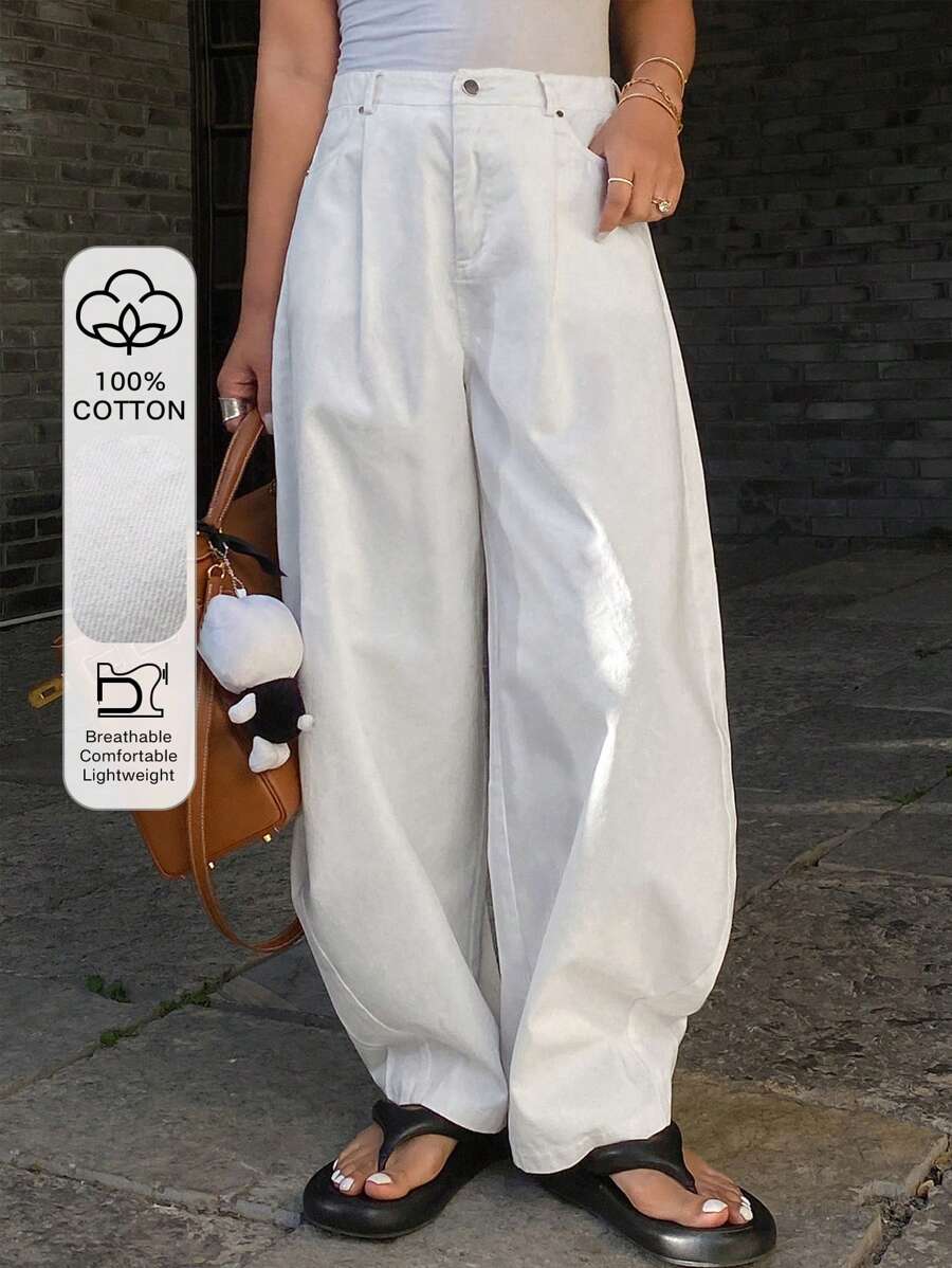 DAZY 纯色宽松阔腿裤带口袋，休闲女裤，春夏