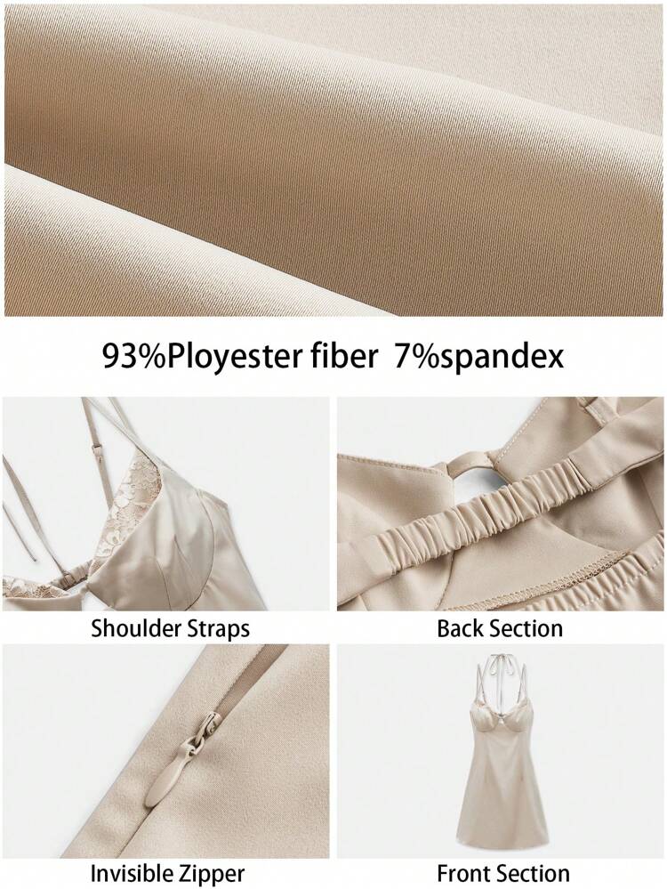 SHEIN Maija Women's Khaki 2 In 1 Contrast Lace Dress, Romantic Elegant Fashionable Comfortable Sleeveless Adjustable Spaghetti Strap Mini Dress For Spring And Summer