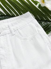 SHEIN Frenchy 女士口袋流苏宽松休闲百搭牛仔短裤 - 白色 - 查看 4