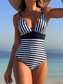 Breezaya 2pcs Women's Summer Vacation Beachware Outfit, Navy & White Striped Print Deep V Neck One-Piece Swimsuit - Navy Blue - View 3
