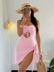 Elenzga Bộ đồ bơi liền thân màu hồng dễ thương mùa hè mới cho nữ, thanh lịch và thon gọn, kiểm soát bụng, có váy đi biển, đi nghỉ ở bãi biển - Hồng - Xem 1