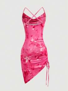 SHEIN Privé 优雅度假风低胸不对称下摆抽绳侧印花修身迷你吊带裙 - 玫紅色 - 查看 2